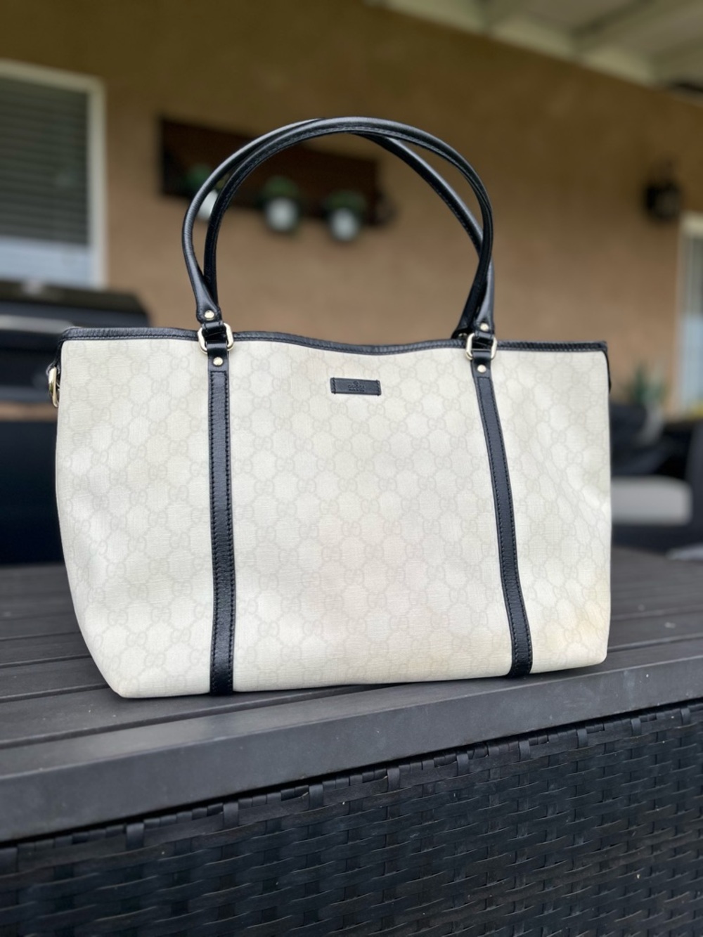 Authentic Gucci monogram Joy Tote with Black leather Trim and Handles